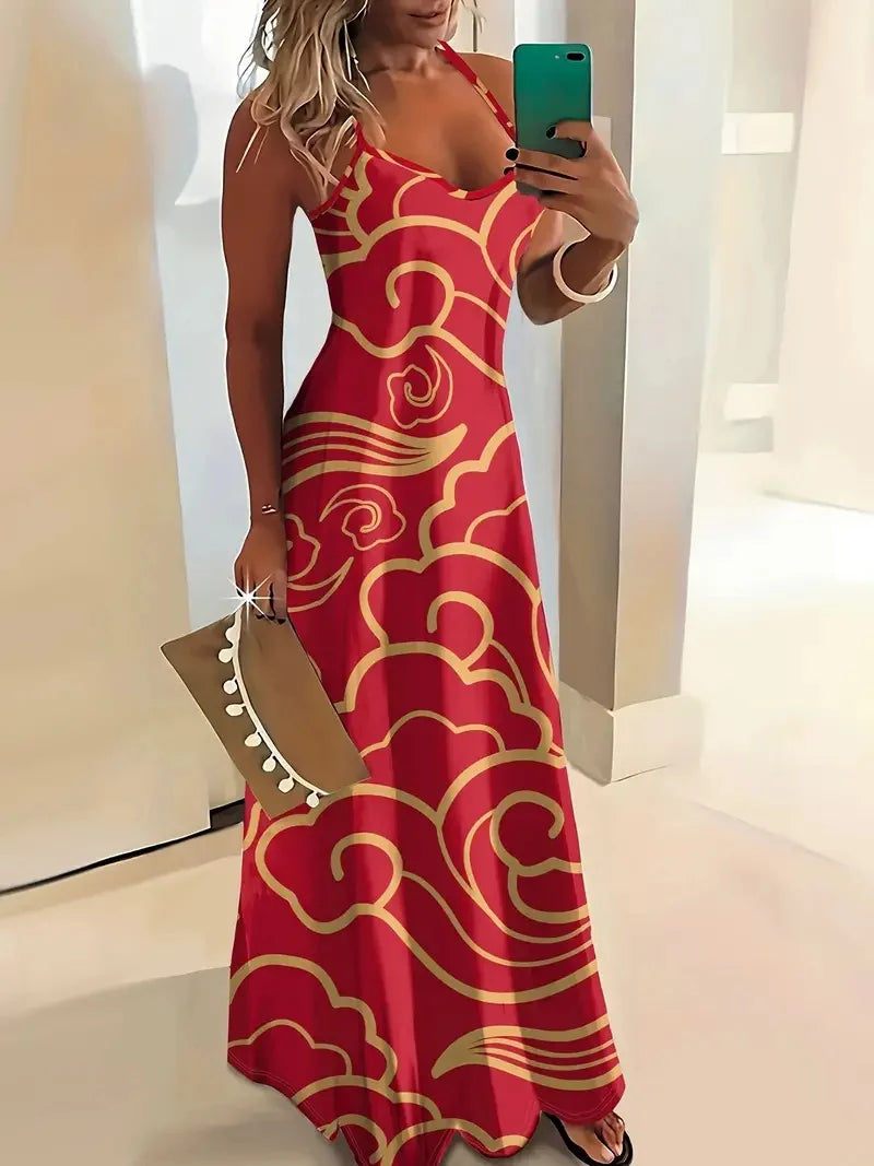 Summer Fashion Loose Women's Long Dress Colorful Botanical Flower Print V-Neck Print Casual Long Dress Bohemian Beach Dress