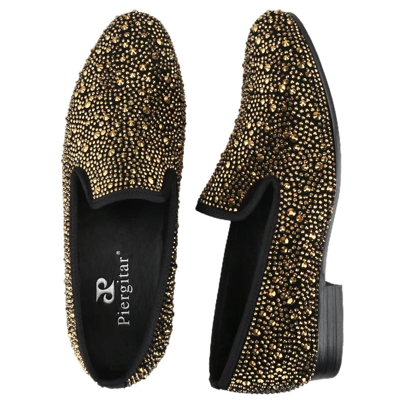 Piergitar 2024 Gold Crystals On Black Suede Slip-on Smoking Slippers Handmade Men's Loafers For Luxury Evening Party And Prom