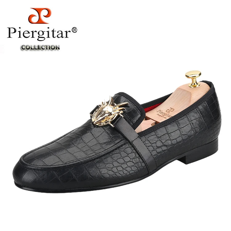 Piergitar Black Cow Leather Men Smoking Slippers Fashion Metal Buckle Handmade Slip-On Loafers For Wedding And Party Plus Size