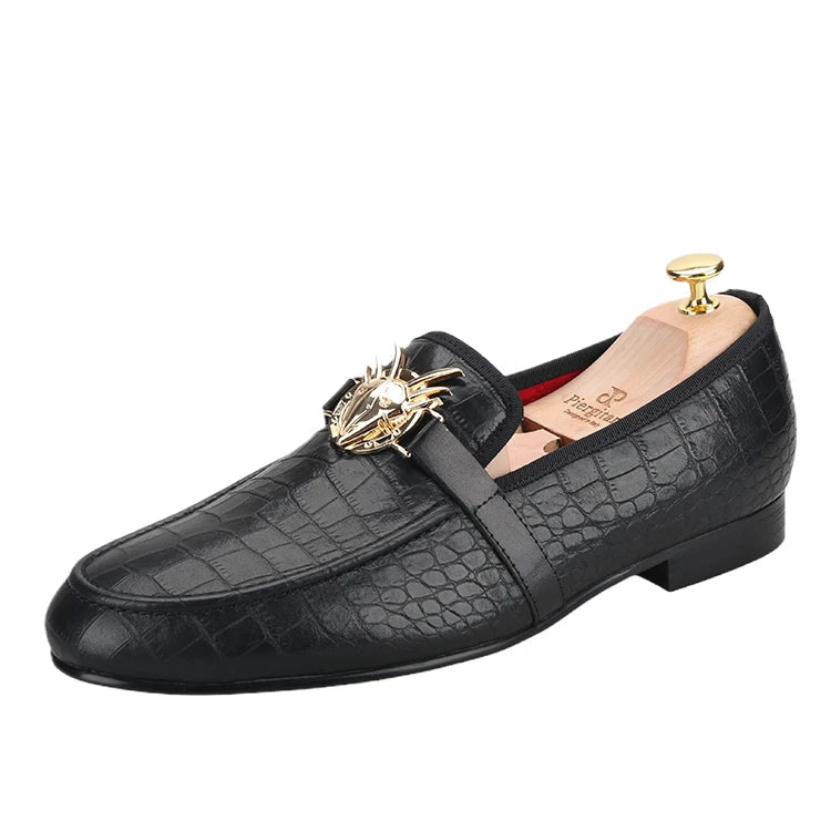 Black Cow Leather Men Smoking Loafers Fashion Metal Buckle Handmade Slide-On Loafers Wedding And Party Plus size