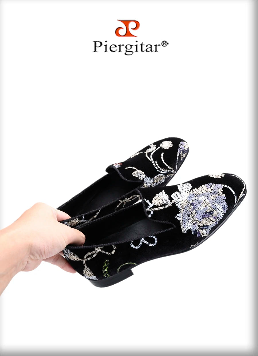 Piergitar Black And Grass Green Velvet With Handmade Classical Chinese Style Sequin Embroidery Men's Loafers Red Sole Moccasins