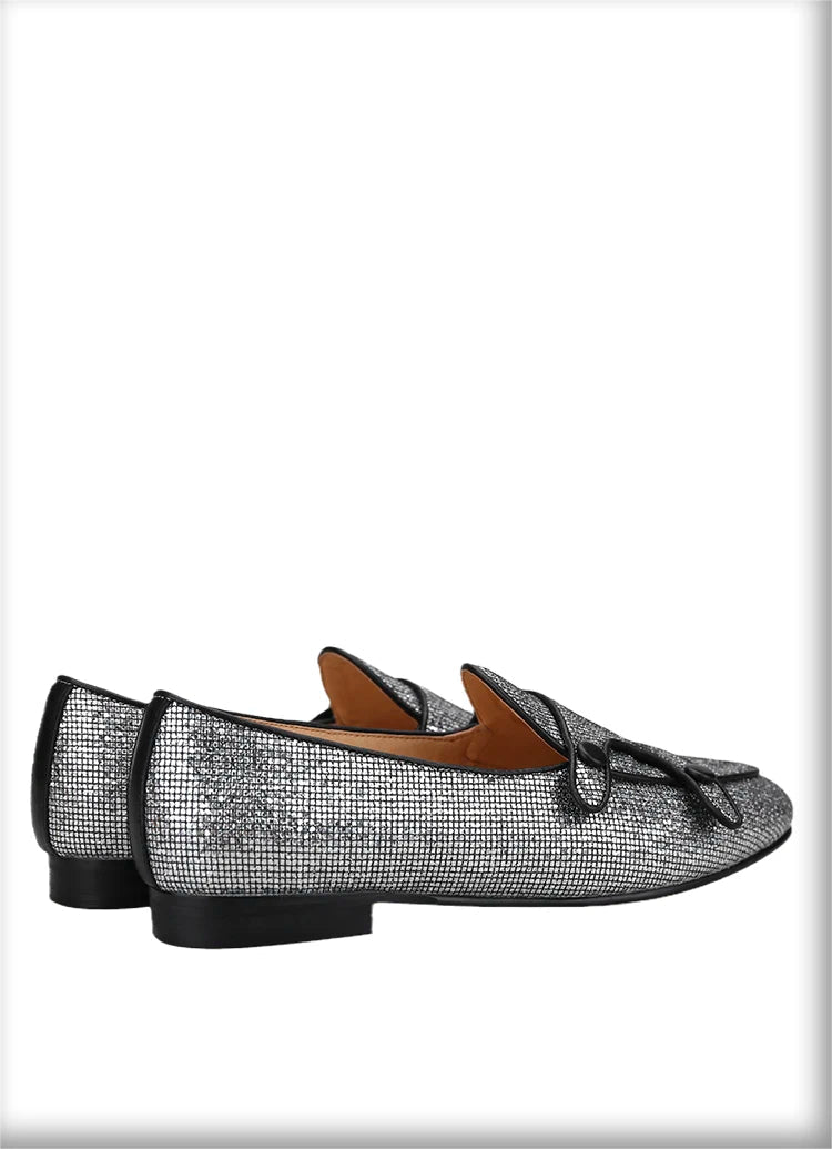 The New Style Square Glittering Silver Belgian Loafers with Double-Monk Moccs Handmade in GuangZhou