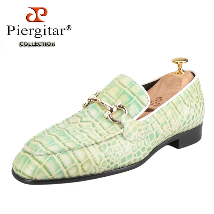 Piergitar Classic Model Gold Horsebits Men's Loafers Red And Light Green Crocodile Pattern Calfskin Handmade Slip-On Slippers