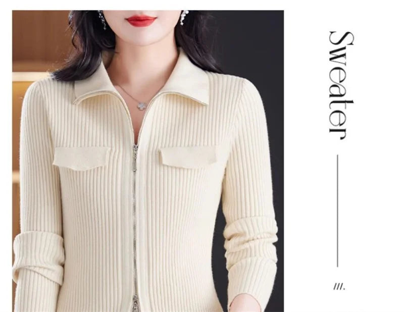 Spring Autumn Women Knitted Sweater Cardigan Short Jacket 2025 New Korean Fashion Zipper Solid Turn-Down Knit Coat Female Tops