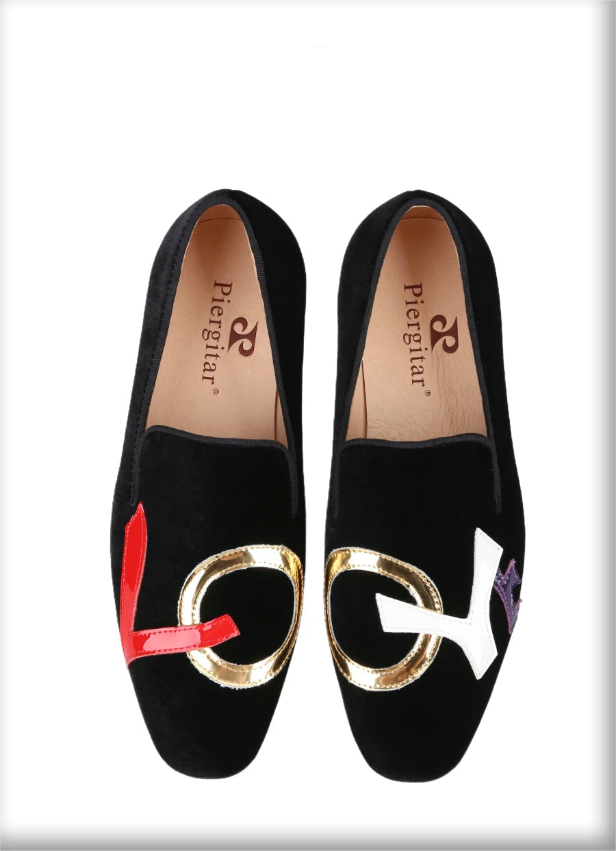 Handmade Black Velvet Shoes Featuring "LOVE", Leather Letters for Fashion Party CL Same Style Men's Loafers
