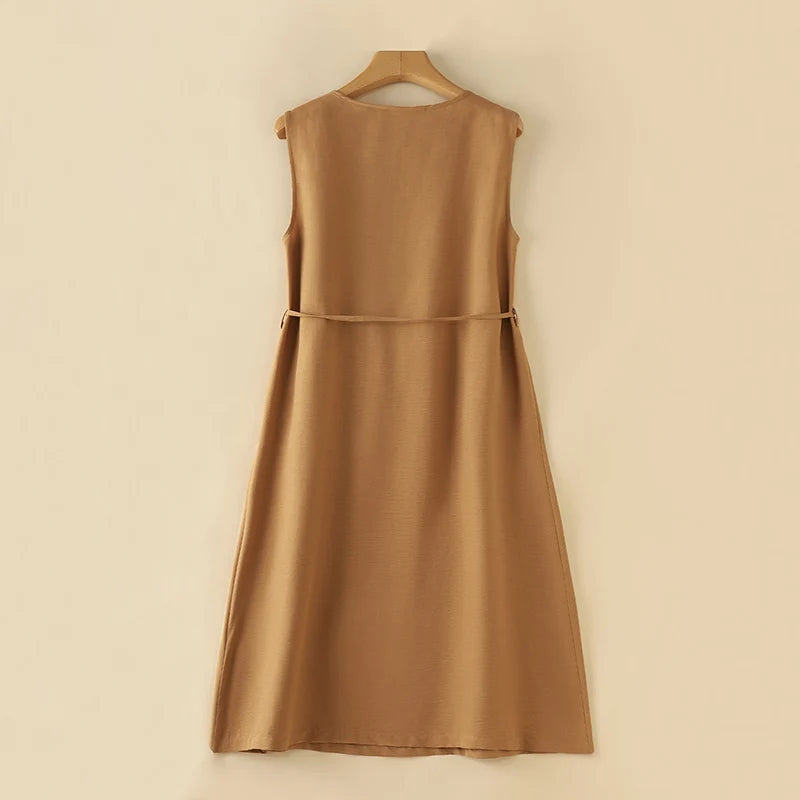 ZANZEA Women Round Neck A-lin Midi Dress Korean Casual Tank Robe Casual Solid Pleated Vestidos 2024 Summer Sleeveless Sundress