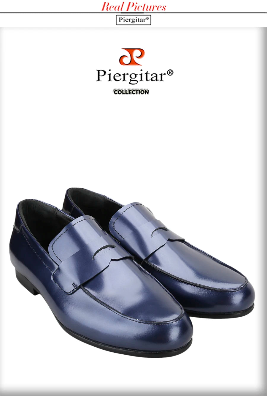 Piergitar Navy-Purple Smooth Genuine Leather Men's Penny Loafers Handmade Slip-On Male Flat Shoes For Party/Wedding Suit Wear