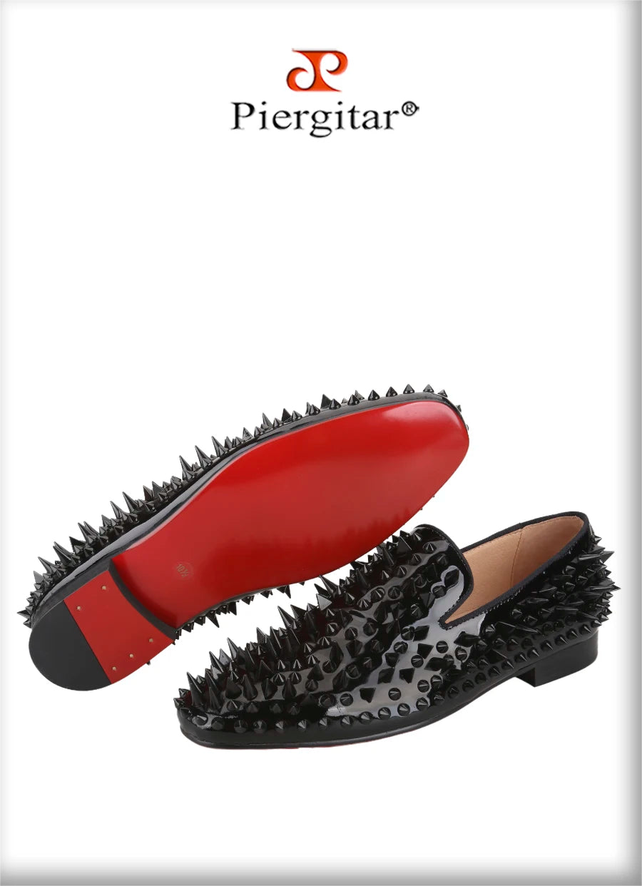 Piergitar Black Patent Leather Men's Loafers With Handmade Different Shapes Of Spikes For Fashion Party CL Brand Red Sole Shoes
