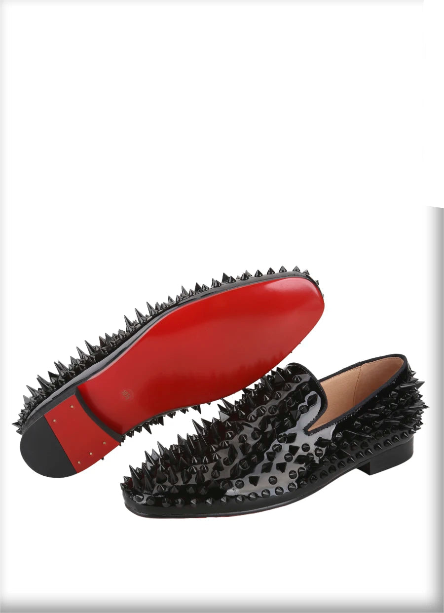 Black Patent Leather Loafers with Handmade Different Shapes of Spikes for Fashion Party CL Brand Red Sole Shoes