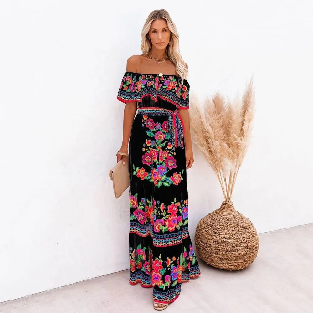 2024 Spring/Summer New Women Retro Fashion One Shoulder Red Flower Printed Waist Collection Long Style Large Swing Casual Dress