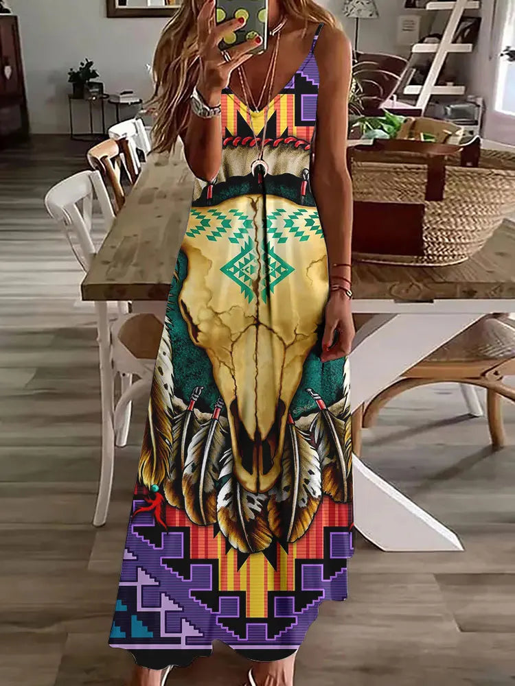 Women's Long Spaghetti Strap Tribal Pattern Dress