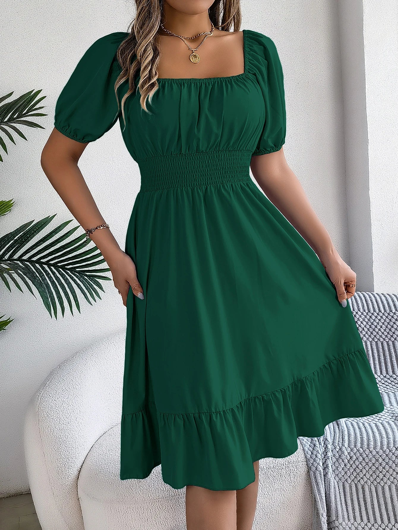 2024 New Fashion Solid Puff Sleeve Square Neck Ruched Bust Ruffle Hem Wasit Dress, Women's Clothing