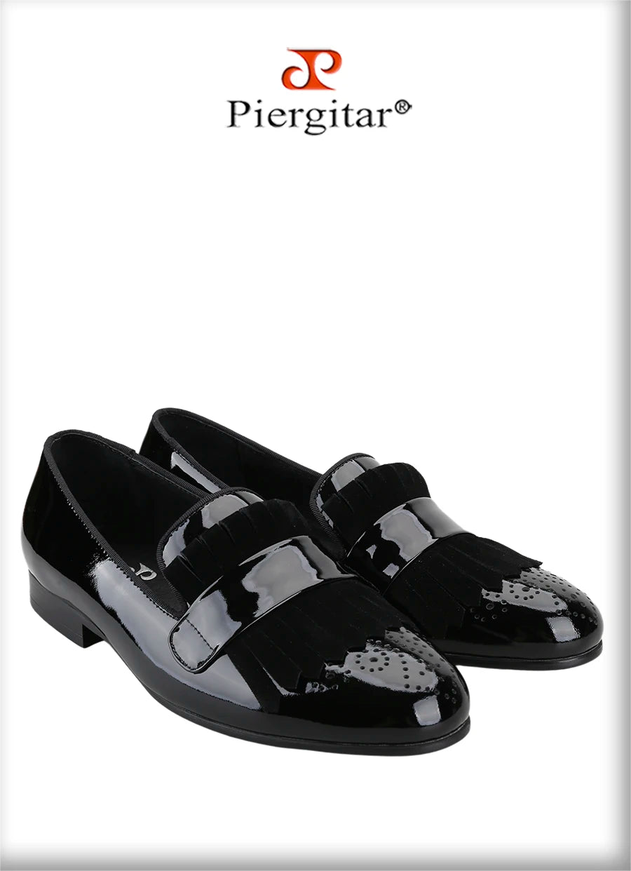 Piergitar New Style Handmade Patent Leather Shoes With Classical Brogue Printing And Suede Fringe Party/Wedding Men's Loafers