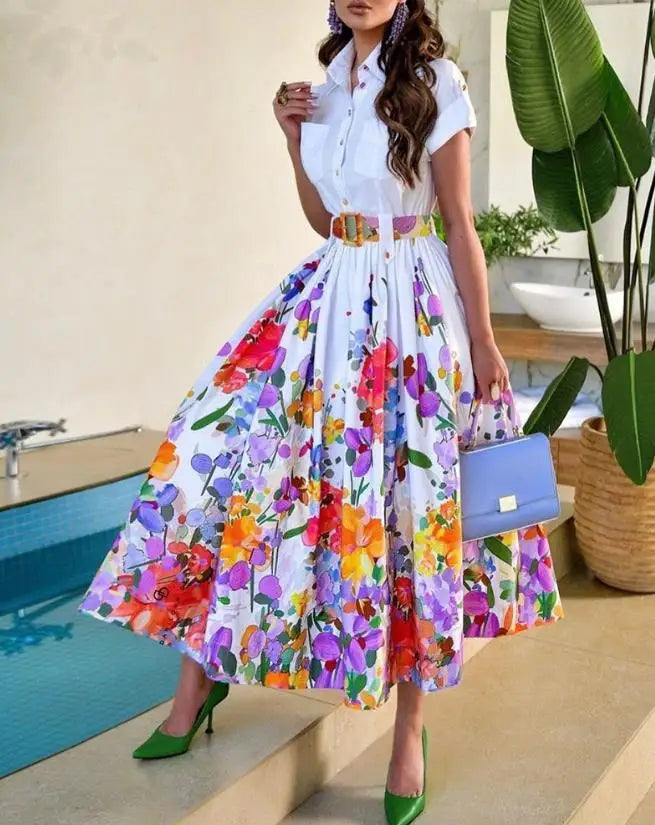 2023 Summer New Casual Commuting Women's Dress Fashion Elegant Commuting Floral Print Ruched Buttoned Shirt Dress Ottd