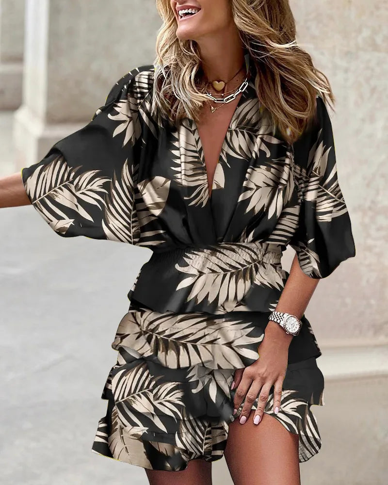 Women's V-Neck Elastic Waist Printed Ruffle Dress