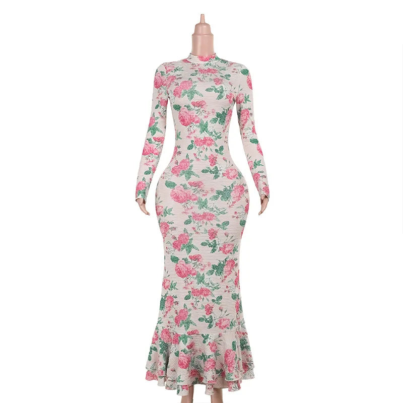 Temperament long sleeve slim long printed dress women's new autumn fashion elegant long dress