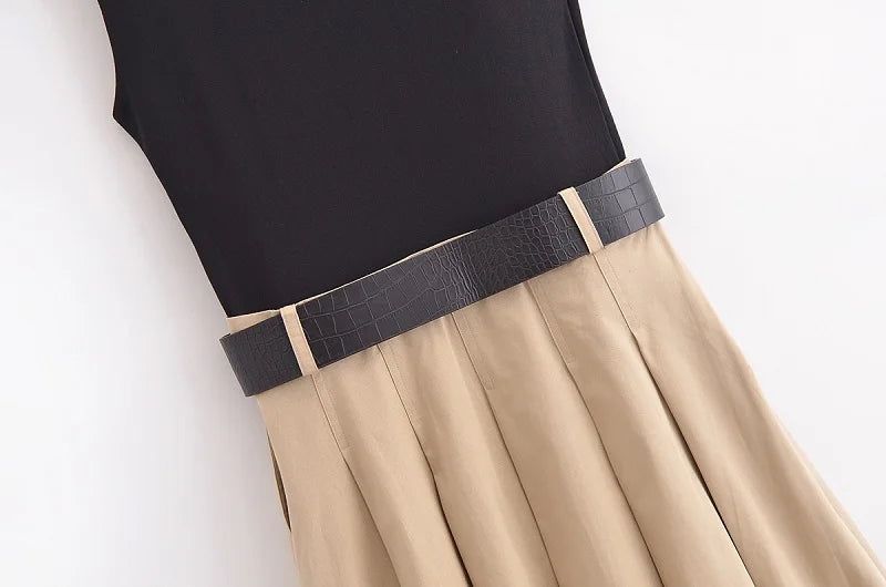 2025 Woman Dresses Belt pleated Midi Dress Sleeveless
