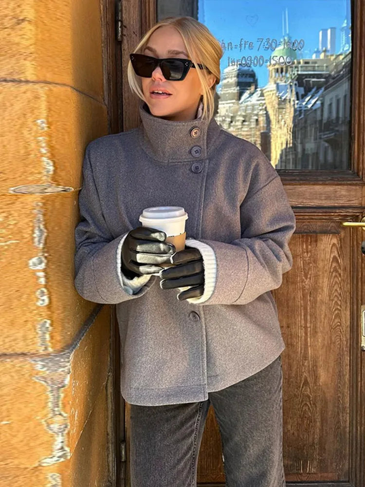Stand Collar Women Winter Woolen Coats 2025 Spring Single Breasted Loose Female Long Sleeve Jacket Office Lady Street Short Coat
