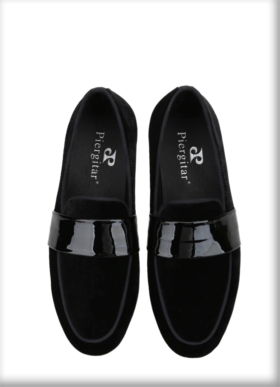 Classic Black Velvet Slip-On Men Shoes with Patent Leather Cross Strap Loafers for Fashion Party Wear