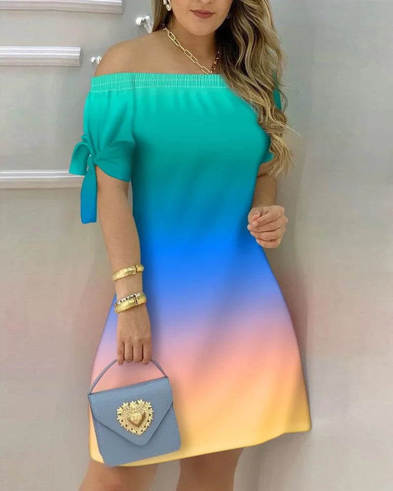 3XL Women's Casual Gradient Off Shoulder Short Sleeve Dress Bow Print Mini Dress