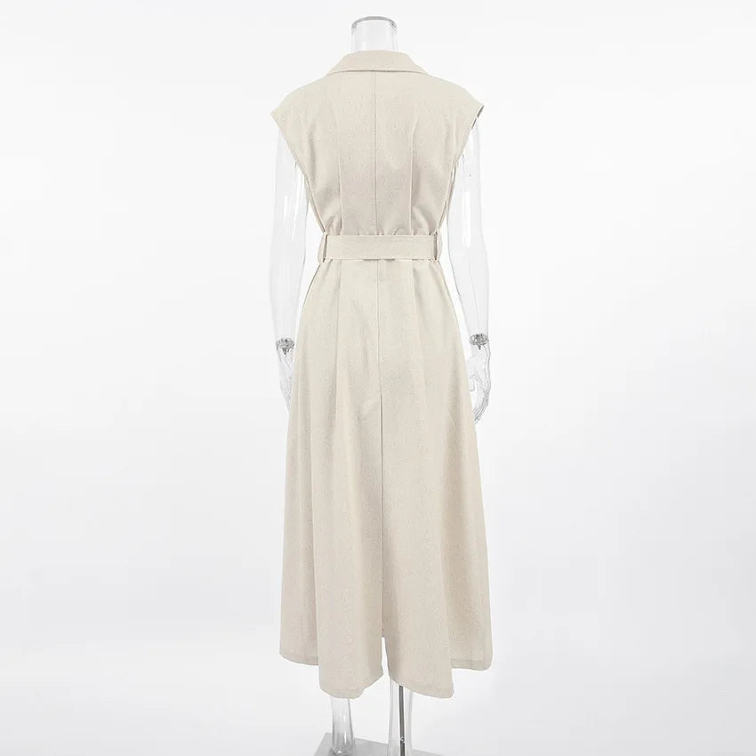 2025 Autumn New Style Commuter Long Skirt For Women Elegant Fashionable Solid Color Lapel Sleeveless High Waist Lace-up Dress