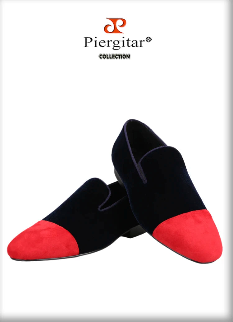 Piergitar Mixed Velvet Men's Loafers For Party And Wedding Handmade Slip-On Moccasins Red Outsole Breathable Leather Insole