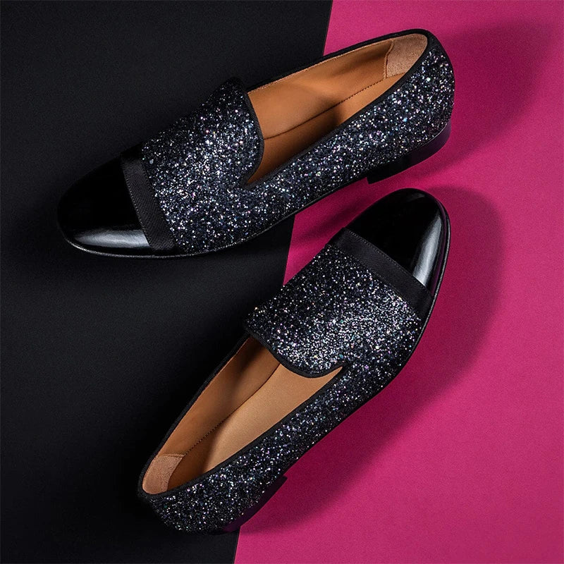 Piergitar Flash Purple Sequined Canvas Slippers With Patent Leather Toes Handmade Men Moccasins For Party And Wedding Plus Size