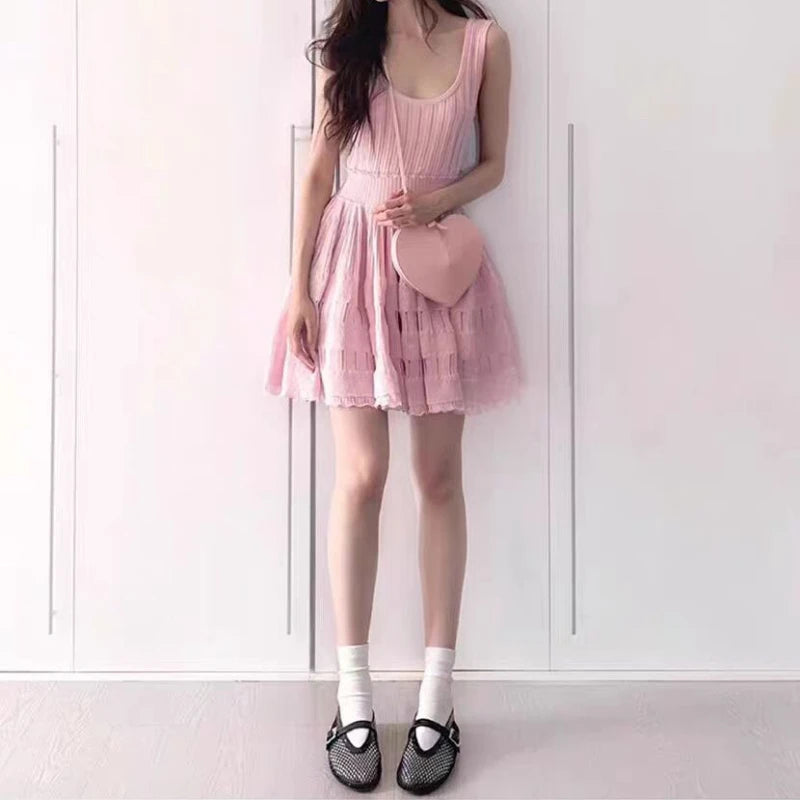 2025 Summer New in Pink Sleeveless Ribbed Knit Bodycon Mini Dress Versatile Work & Casual Outfit