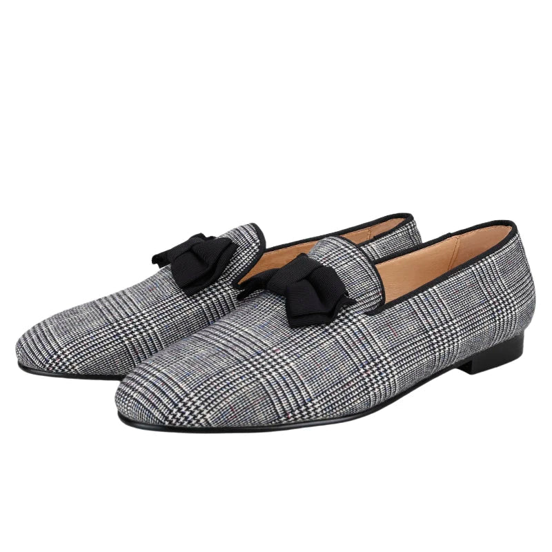 Grey Color Gingham Printing Handmade Black Bow Tied Slip-On Loafers for Men Plus Size