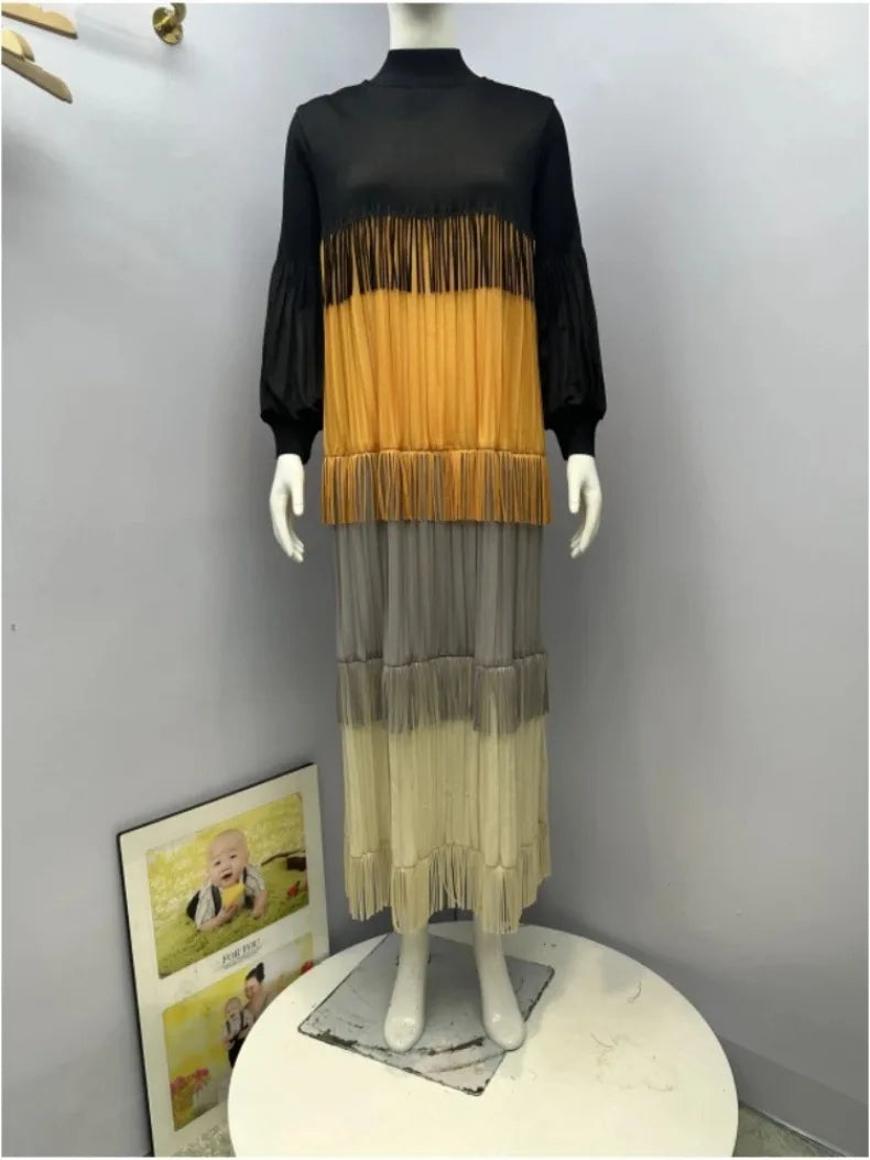 Women's Pleated Puff Sleeve Tassel Dress