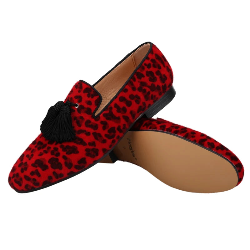 Piergitar Red And Black Animalier-Printed Superior Velvet Slippers With Handmade Silk Fringed Tassels Slip-On Men's Loafers