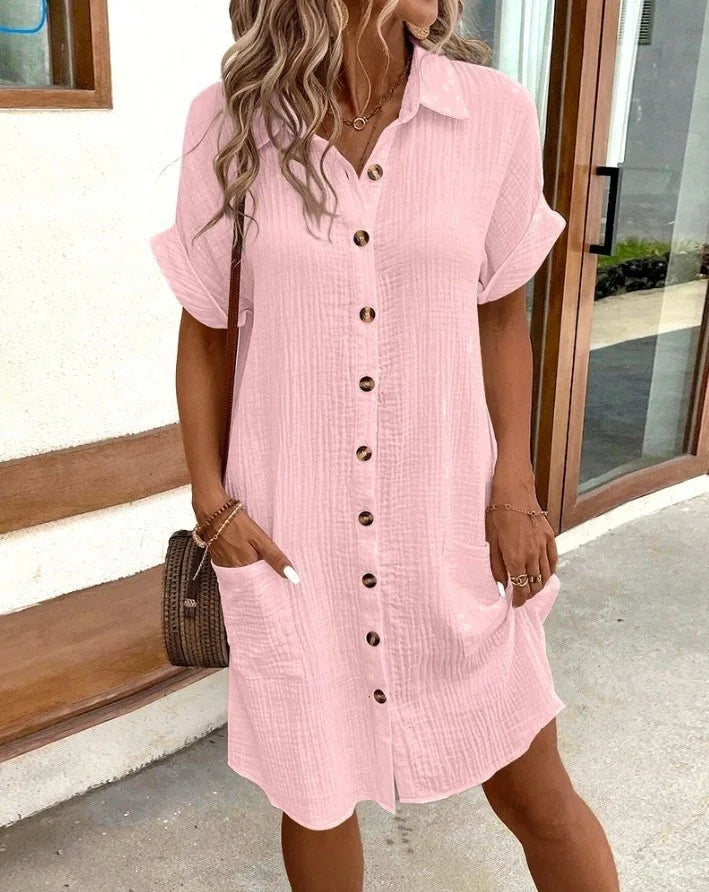 Summer Simple V-neck Button Up Dress Woman Cotton Linen White Short Sleeved Pocket Casual Solid Loose Shirt Mini Dress 2025