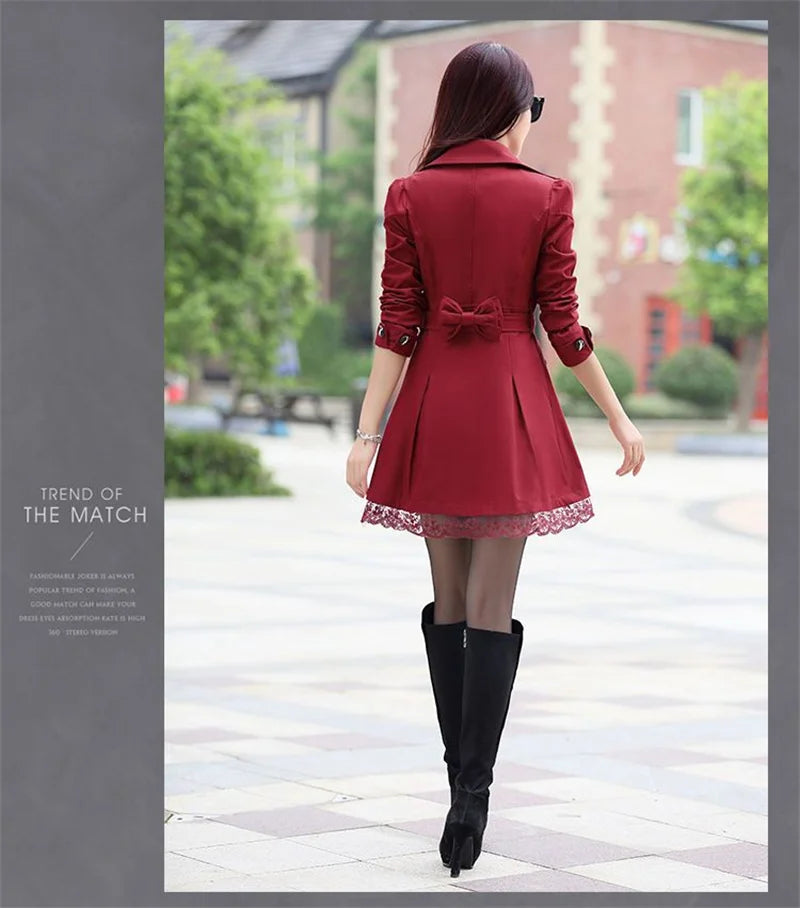 2025Spring Autumn New Windbreaker Coat Women Fashion Slim Mid Long Lace Trench Coat Female Casual Double-breasted Outerwear Tops