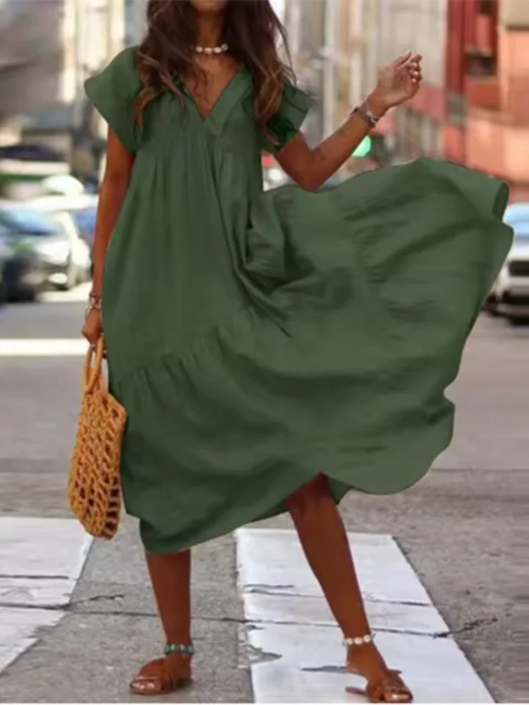 Casual Loose Short Sleeved V-neck Solid Color Women's Dress High Street Fashion Dating Vacation Summer Dress