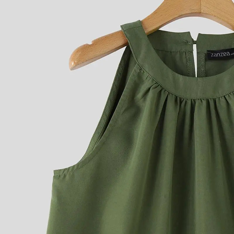 ZANZEA Summer Halter Sleeveless Tiered Dress Women Korean Ruffle Patchwork Robe 2024 Beach O-neck Loose Sundress Sweety Vestidos