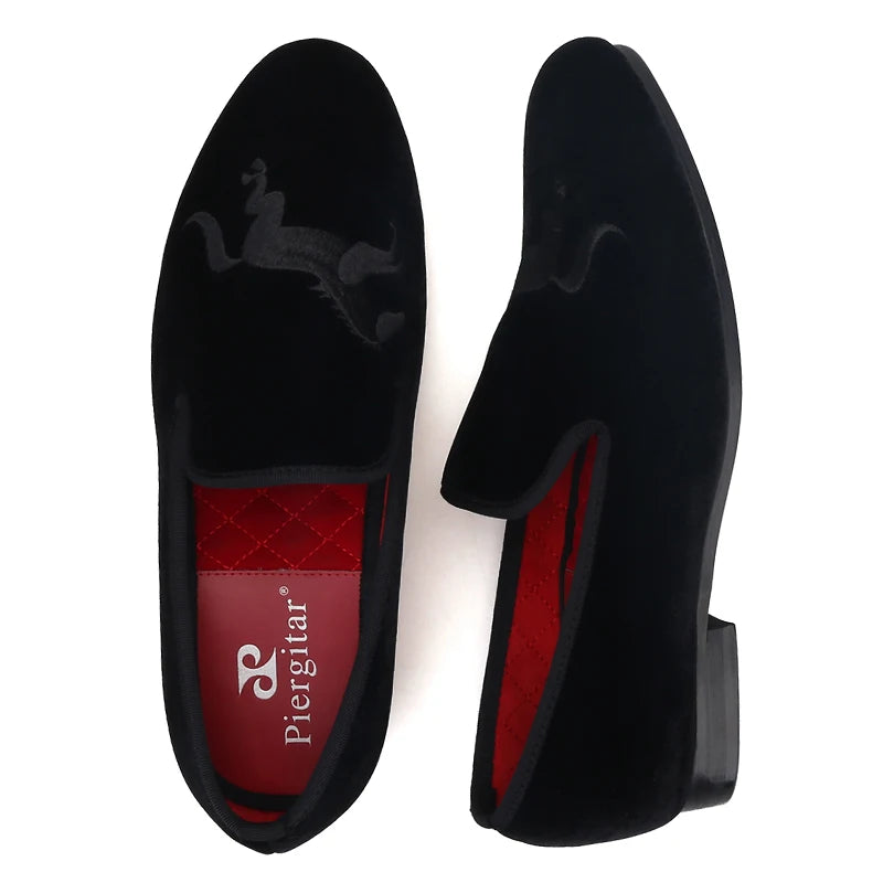 Piergitar High Level Customization Black Velvet Men's Loafers For Party Handmade Horse Embroidery Slip-On Man Smoking Slippers