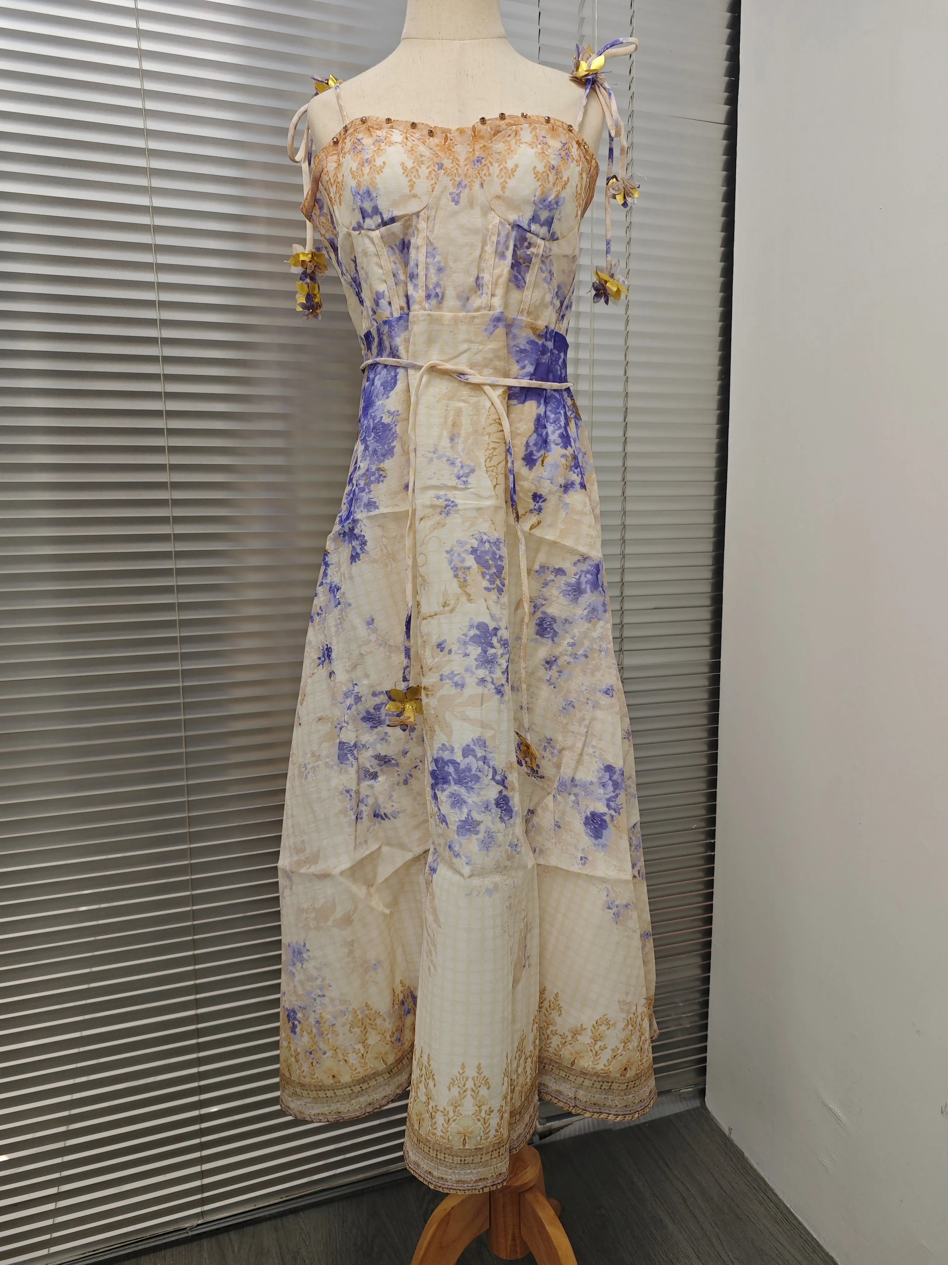 2025 New French High Quality Luxury Chic Dress Appliques Floral Print Spring Summer Strapless Women Holiday Spaghetti Midi Dress