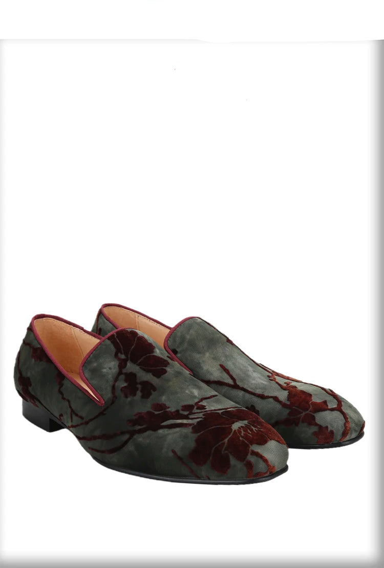 Men's Moccasins with Classic Bright Red Outsole and Three Colors of Flocking Jacquard Tie-Dyed Cottons