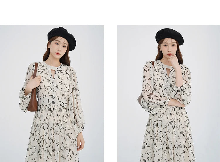 Floral Midi Dress Women Sweet A-Line Long Sleeve Hollow Out Dress Elegant High Waist Casual Long Dress Daily or Vacation Outfits