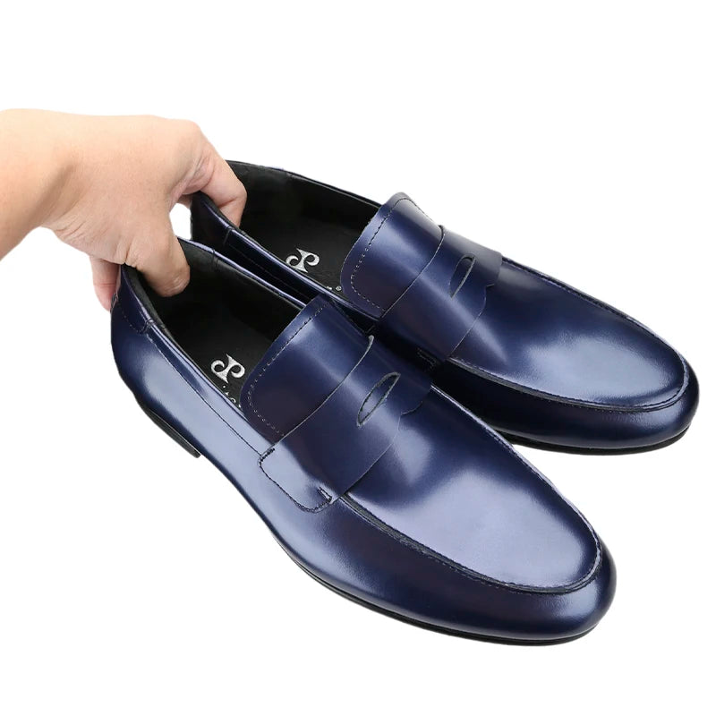 Piergitar Navy-Purple Smooth Genuine Leather Men's Penny Loafers Handmade Slip-On Male Flat Shoes For Party/Wedding Suit Wear