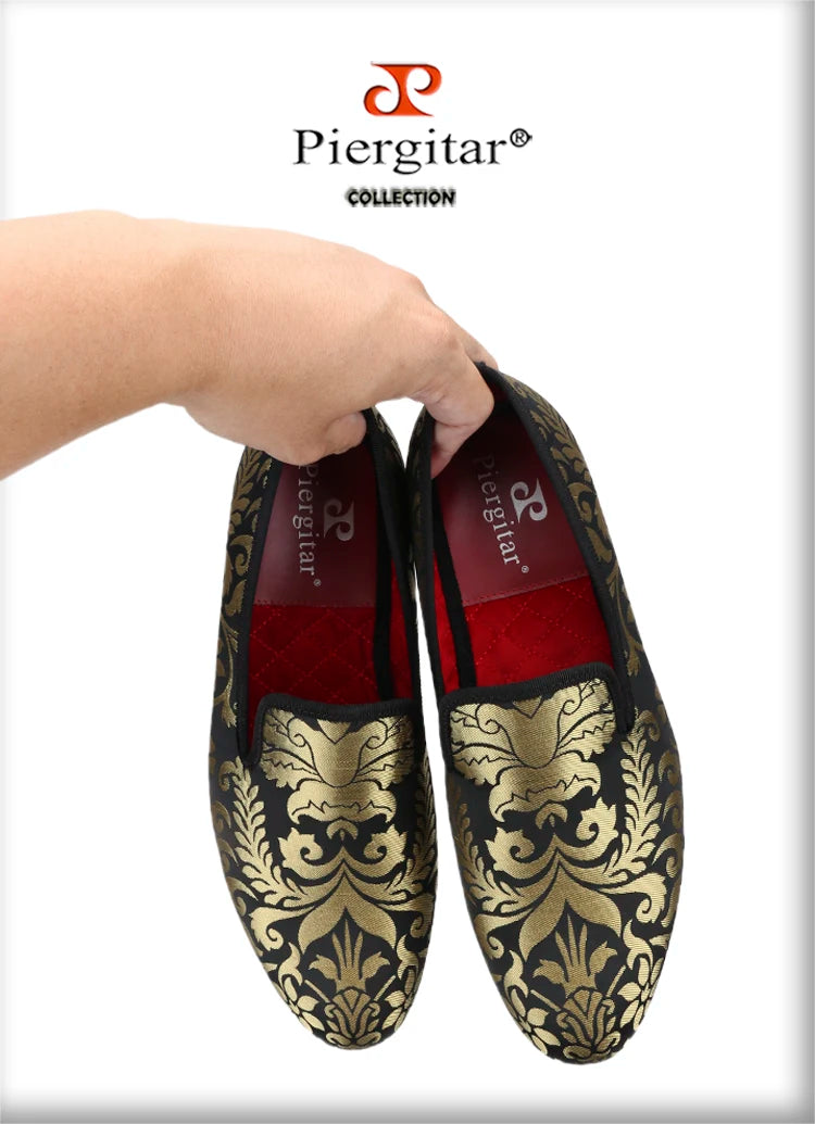 Piergitar 2023 New Upgrade Style Baroque Gold Jacquard Silk Men Loafers For Party Pair With Gold Suit Plus Size Moccasins