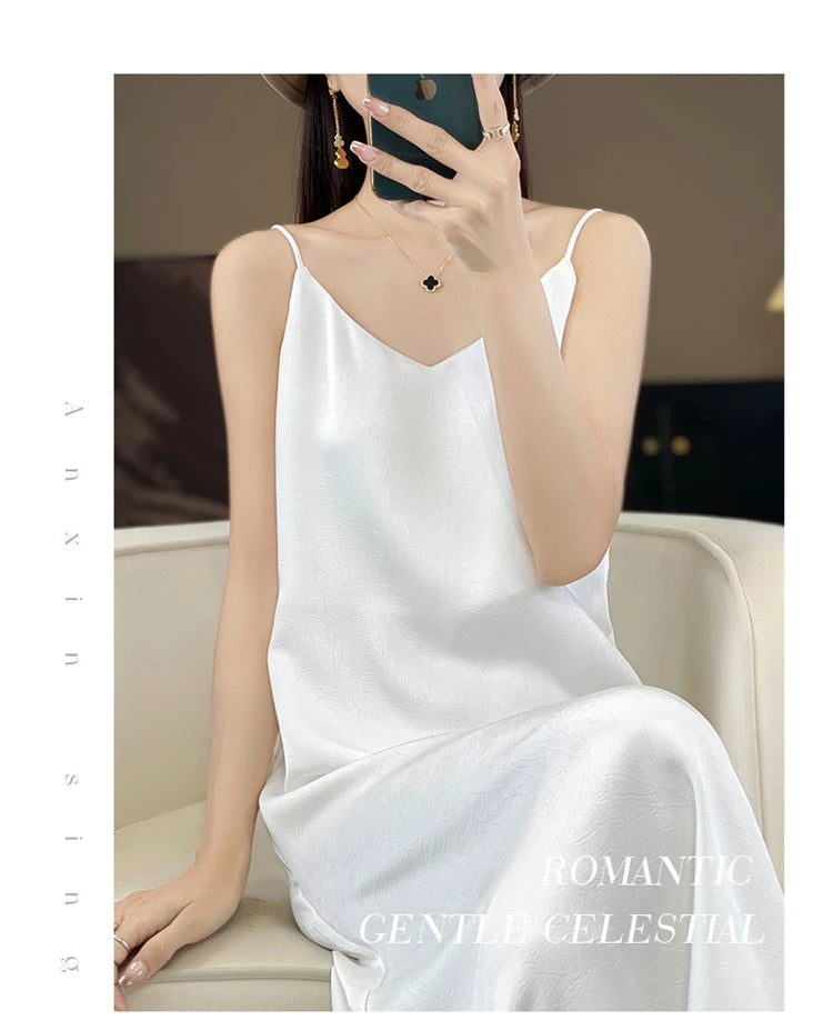 2025 New 100% Anti Wrinkle Mulberry Silk Strap Dress for Women's Summer New Loose Long Skirt