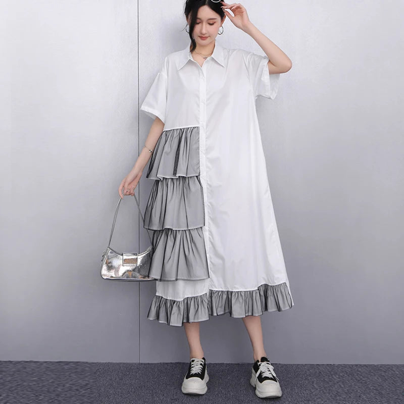 Ruffle Decoration New 2025 Summer Korean Style Woman Black Shirt Dress Loose Fit Chic Big Size Casual Holiday Dress Robe JKXD002
