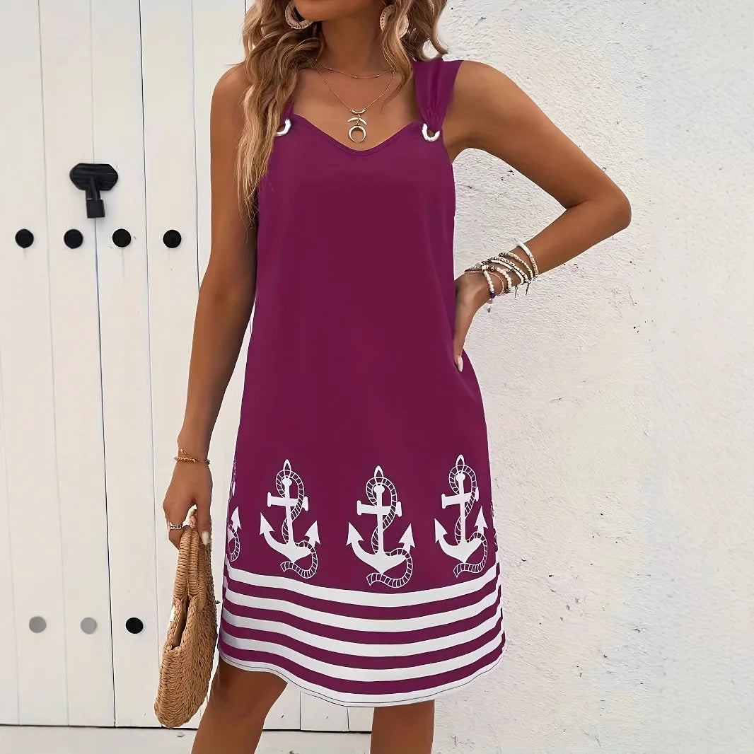 2025 New Women's Vest Skirt Pocket Ethnic Style Fashion Printed V-neck Simple Vacation Beach Mini Dress for Female