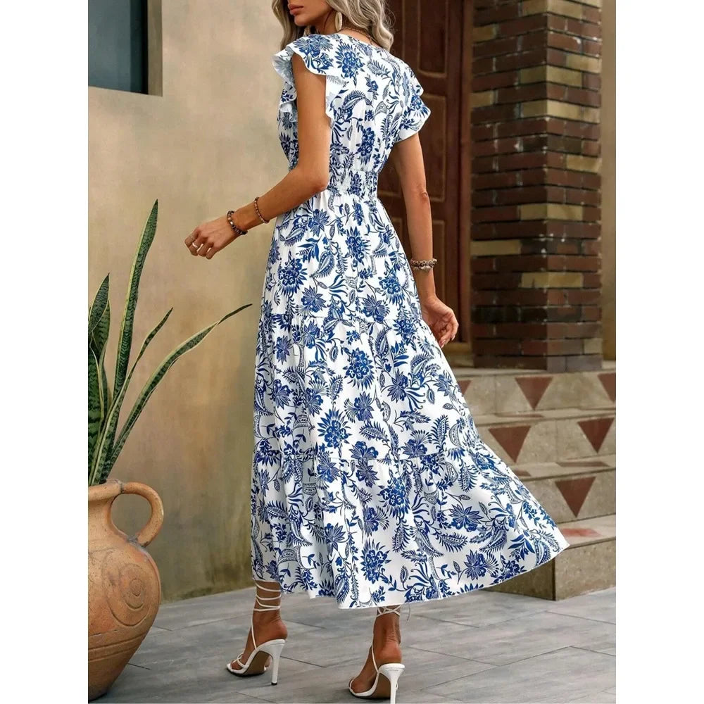 Fashion Women's All-Over Long Sleeved Printed V-neck Dress Comfortable Ankle Length Dress
