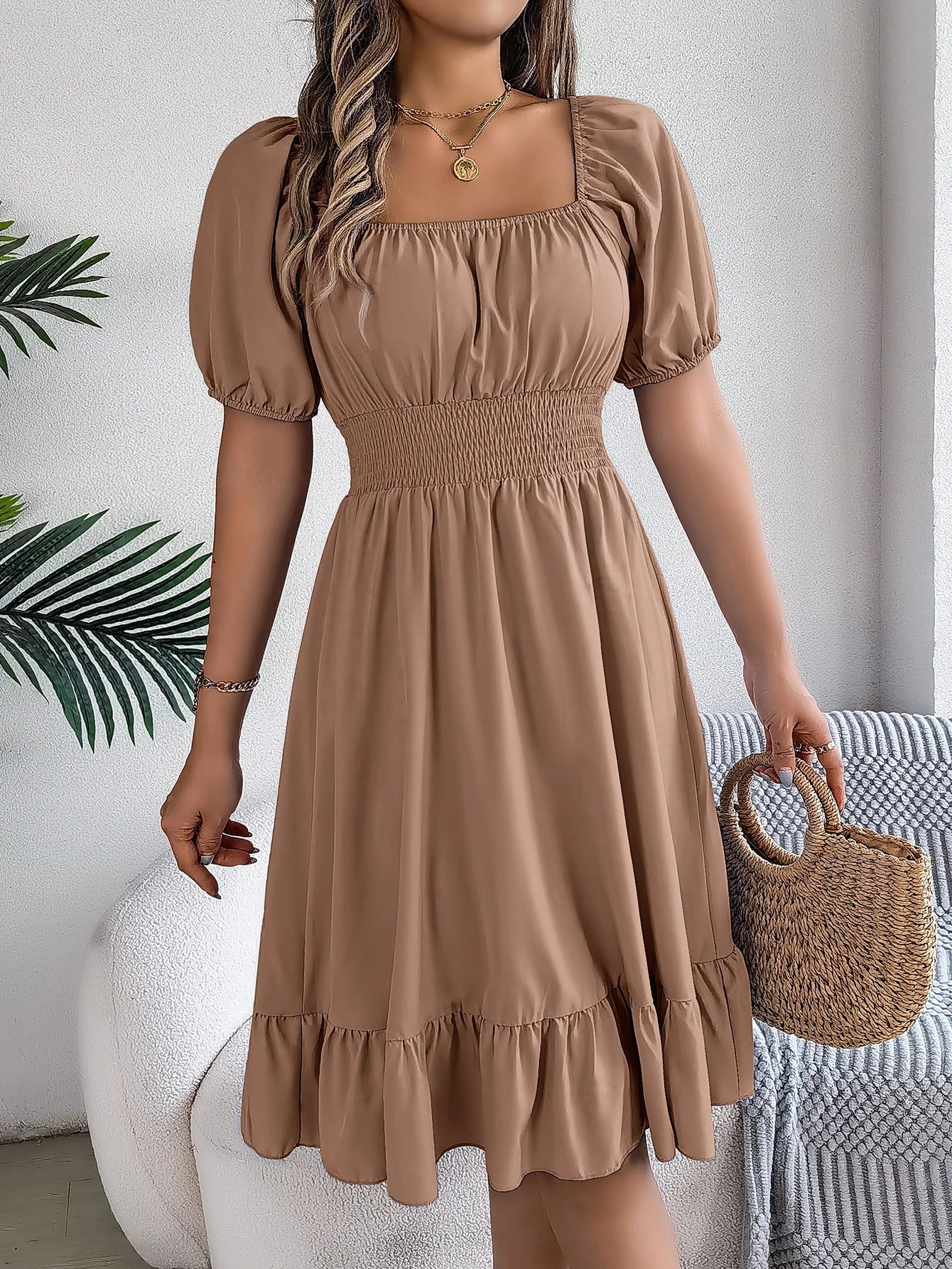 2024 New Fashion Solid Puff Sleeve Square Neck Ruched Bust Ruffle Hem Wasit Dress, Women's Clothing