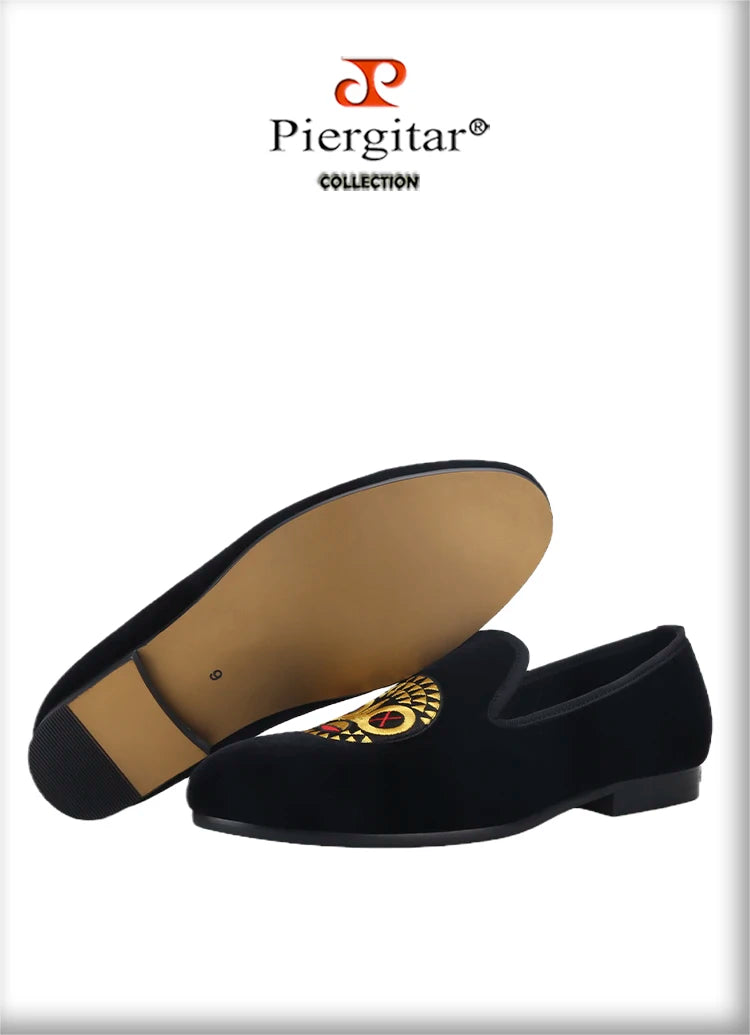 Piergitar New Arrival Black Velvet Men's Loafers Handmade African Tribal Embroidery Man Smoking Slippers For Pary And Wedding