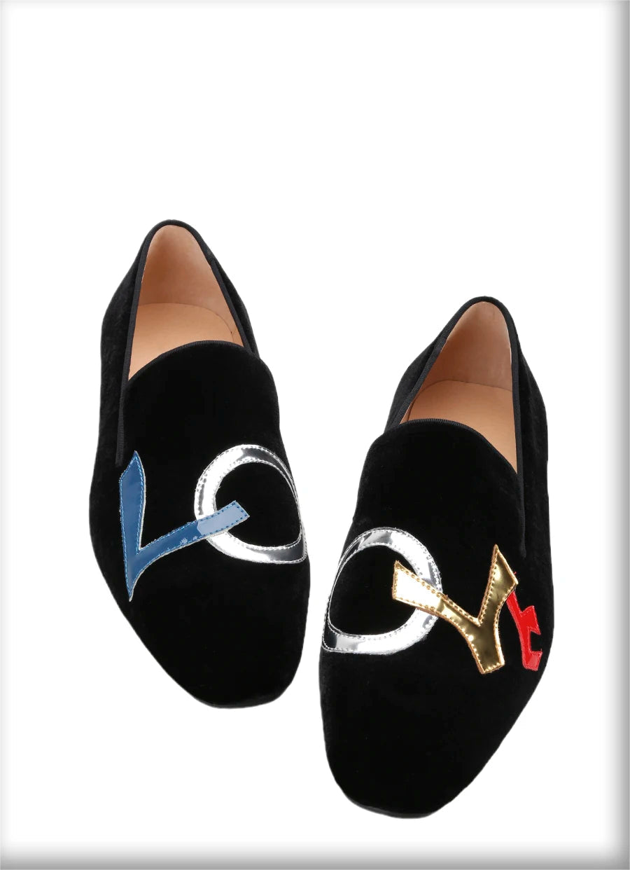 Handmade Black Velvet Shoes Featuring "LOVE", Leather Letters for Fashion Party CL Same Style Men's Loafers