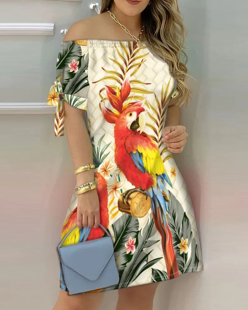 3XL Women's Casual Gradient Off Shoulder Short Sleeve Dress Bow Print Mini Dress