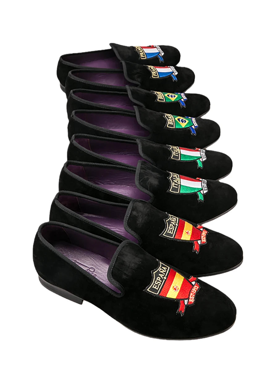 Piergitar Handmade Embroidery Of Four Powerful Football Countries Black Velvet Men Loafers Genuine Leather InSoles And Outsoles
